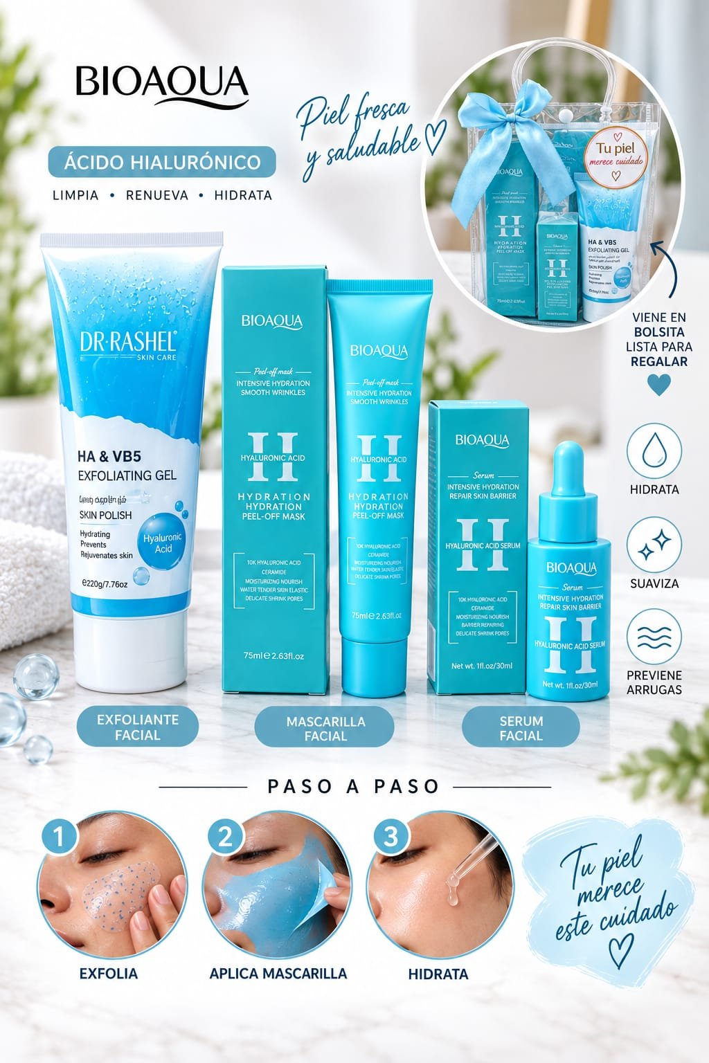BIOAQUA KIT FACIAL COMPLETO CON ACIDO HIALURONICO