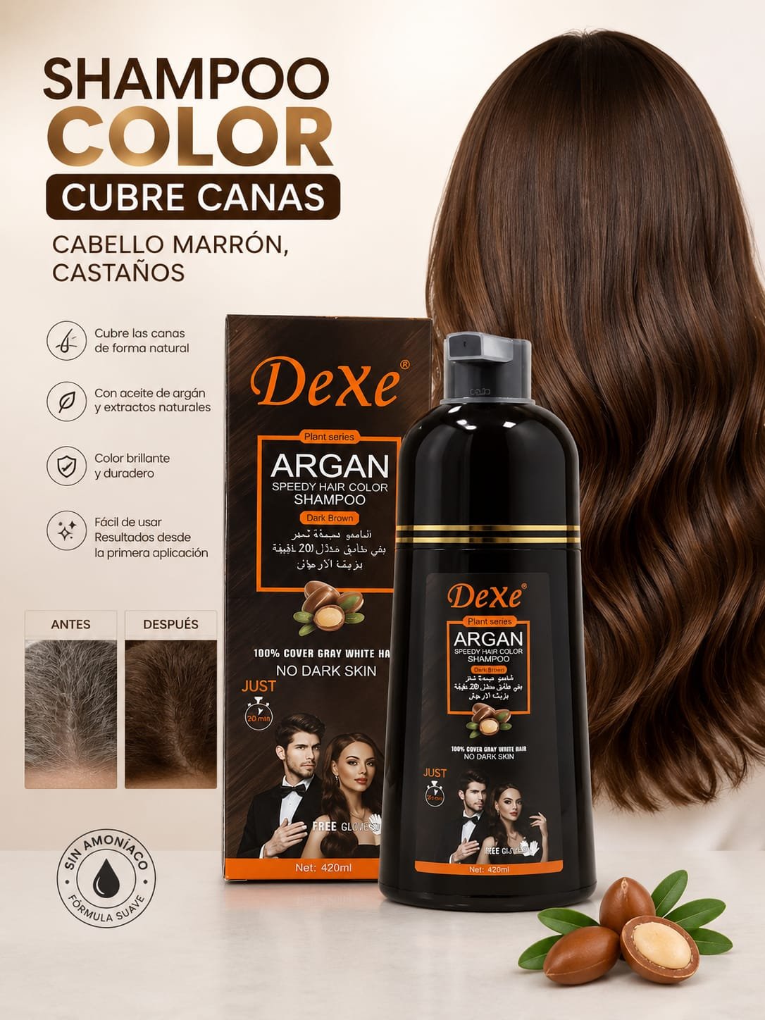 SHAMPOO COLOR CUBRE CANAS PARA CABELLOS MARRON,CASTAÑOS