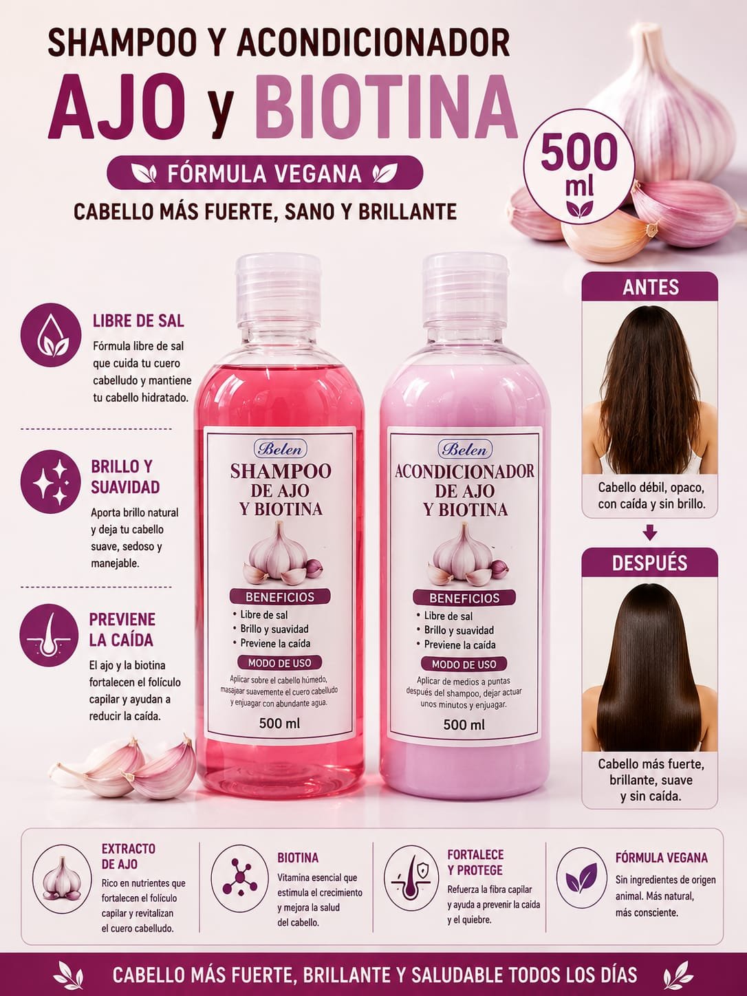COMBO DE SHAMPOO Y ACONDICIONADOR DE AJO Y BIOTINA POR 500ML