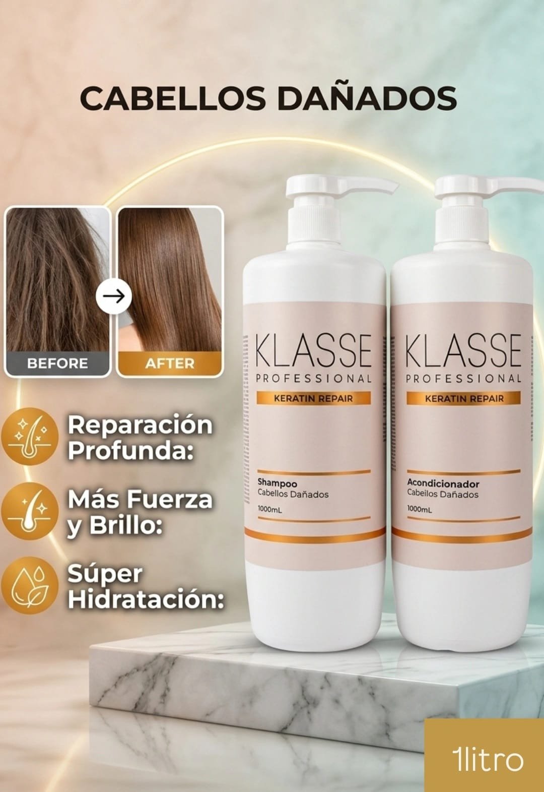 KLASSE PROFESIONAL COMBO SHAMPOO Y ACONDICIONADOR  P/ CABELLOS DAÑADOS